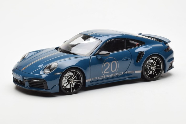 113069073  Porsche 911 992 Turbo S Sport Design Blue No Outer Box Minichamps 1/18