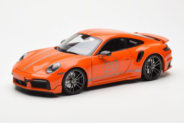 113069074  Porsche 911 992 Turbo S Sport Design Orange No Outer Box Minichamps 1/18
