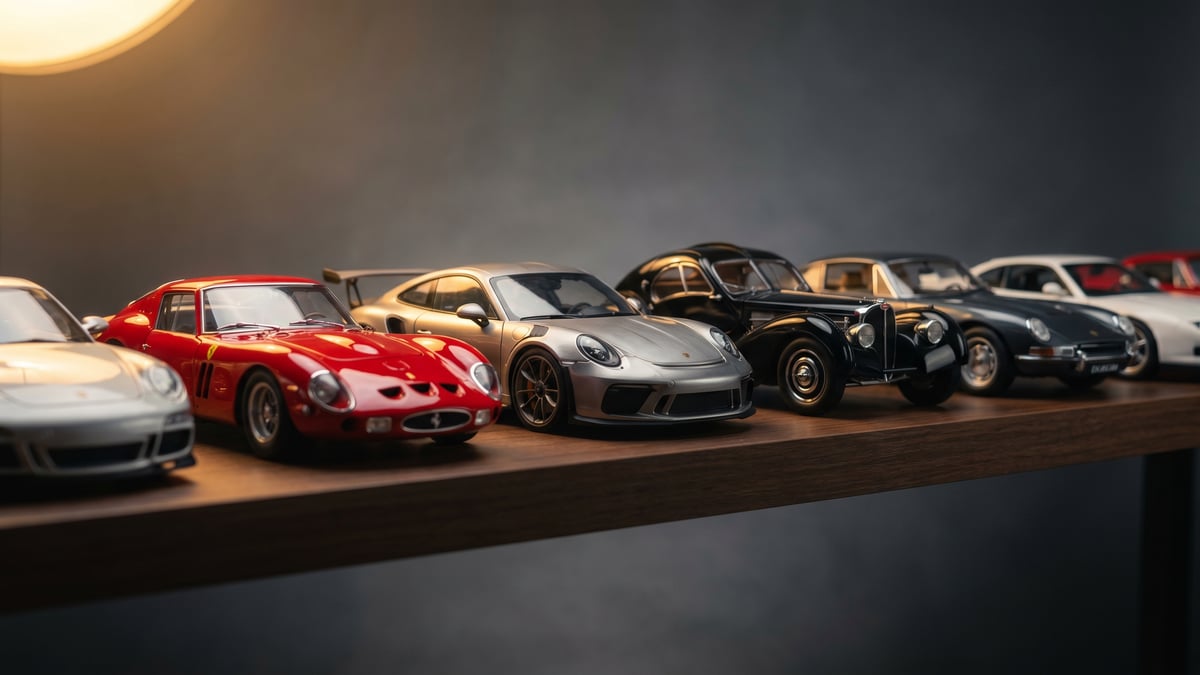 A row of five 1:18 scale collector model cars from different manufacturers lined up on a studio display shelf